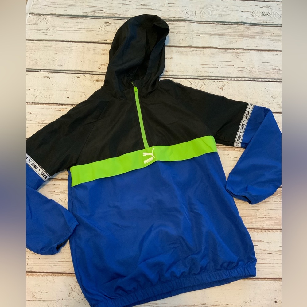 Puma Boys Half Zip Windbreaker Jacket Black Blue‎ Green Colorblock Size L 14-16